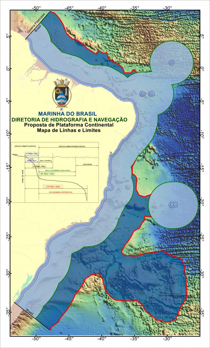 Figura 2 - Proposta de extensão da plataforma continental brasileira, em azul escuro no mapa. Fonte: LEPLAC.